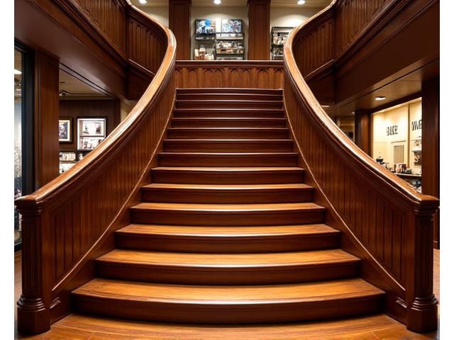 Ornate, wide wooden staircase with decorative railings leading to an upper level in a high-end retail store.